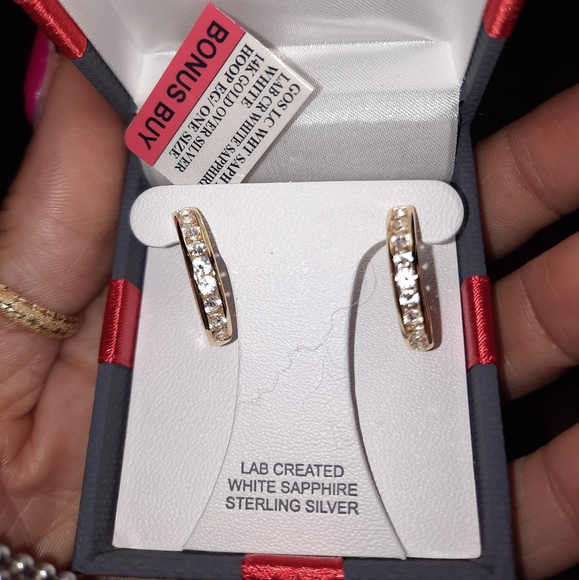 AUTHENTIC GENUINE GOLD OVER STERLING WHITE SAPPHIRE SEPTEMBER BIRTHSTONE HOOPS - Picture 1 of 5